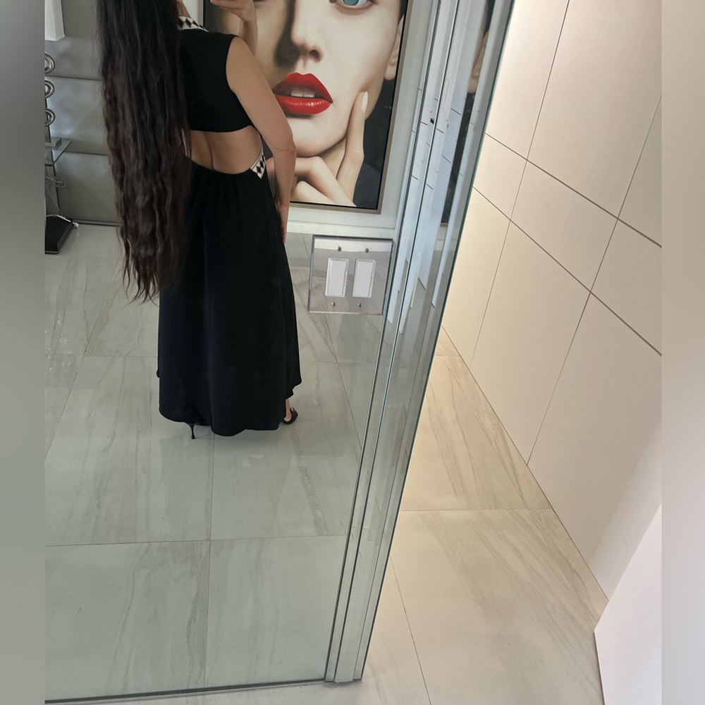 Black Maxi Dress with Ivory Geometric Trim and Front Slit - Picture 7 of 11